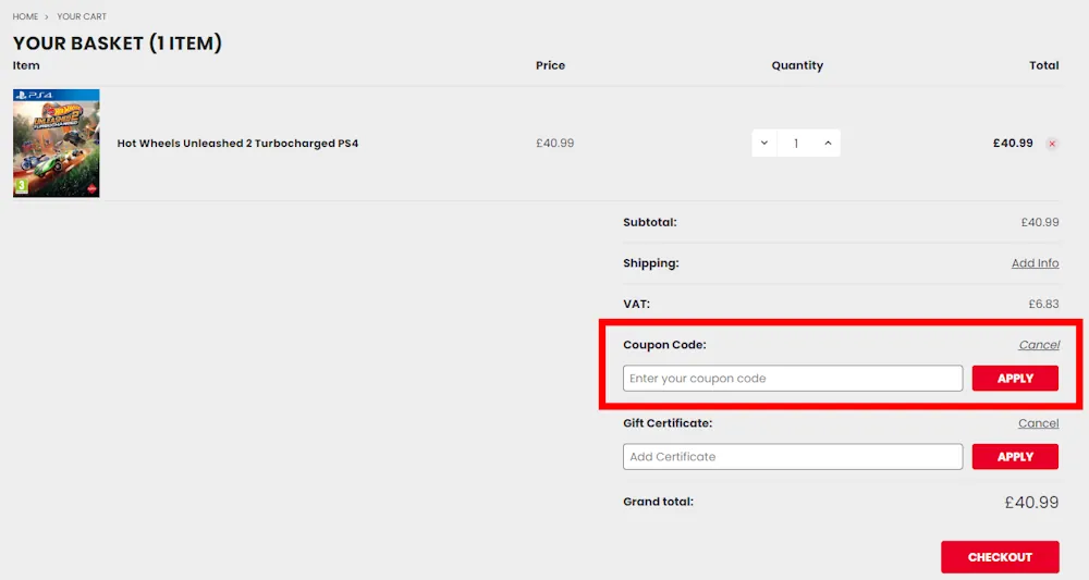 Instructions on how to enter a 365 Games discount code at checkout on 365games.co.uk