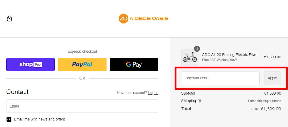 Instructions on how to use our discount code for ADO Ebike on adoebike.com