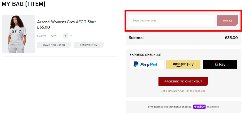 Instructions on how to enter a Arsenal Direct discount code at checkout