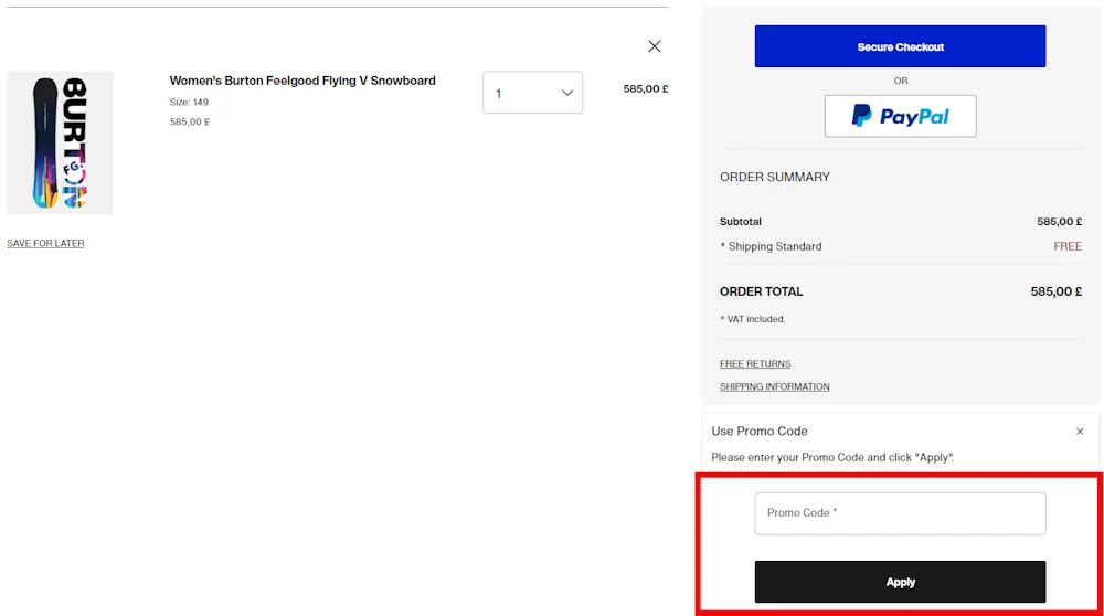 Screenshot showing where to apply a Burton promo code during checkout on www.burton.com.