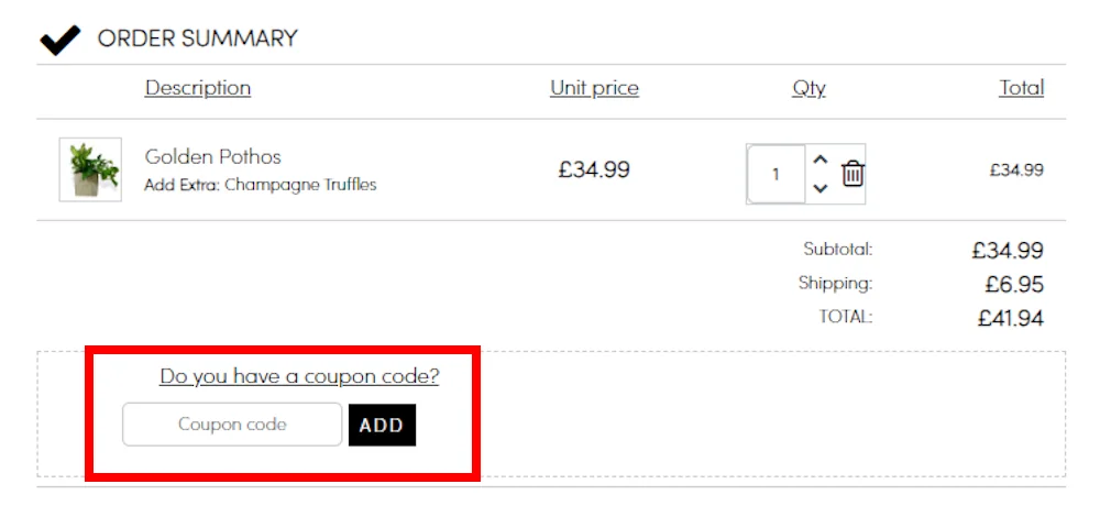 Screenshot showing where to apply a Flowers & Plants Co promo code during checkout on flowersandplantsco.com.