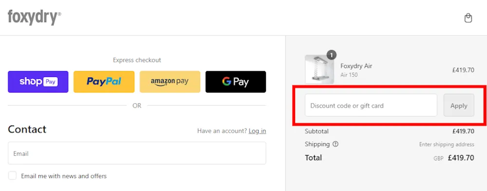 Instructions on how to enter a Foxydry discount code at checkout