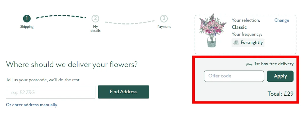 Screenshot showing where to apply a Freddie’s Flowers promo code during checkout on www.freddiesflowers.com.