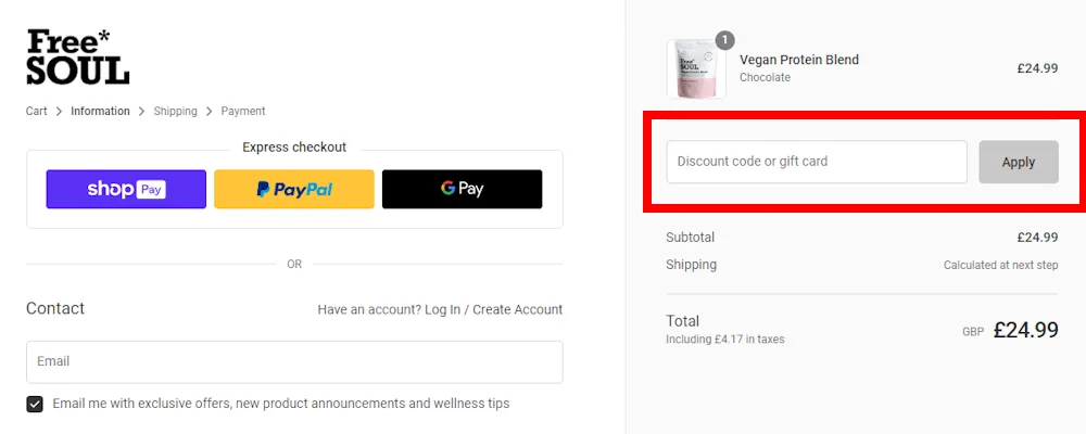 Instructions on how to enter a Free Soul discount code at checkout on freesoul.com
