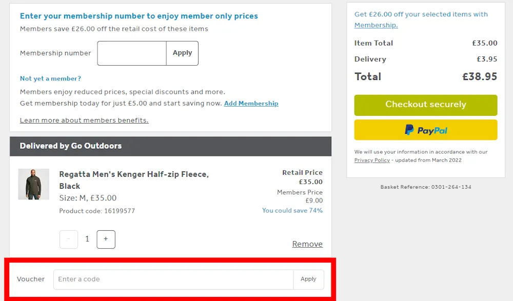 Screenshot showing where to apply a GO Outdoors promo code during checkout on www.gooutdoors.co.uk.