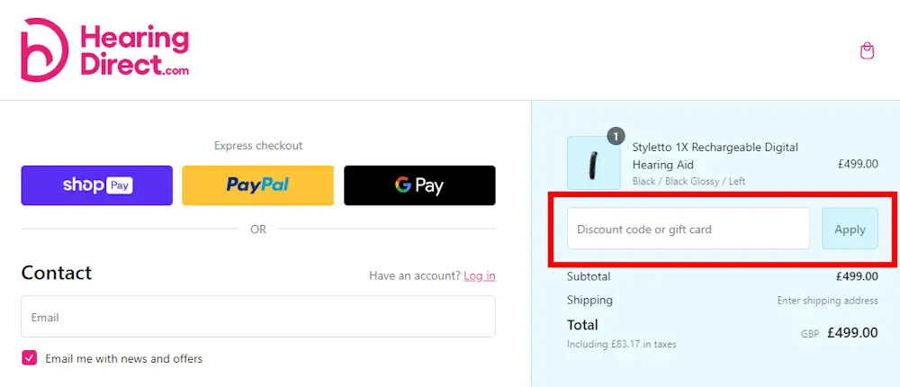 Instructions on how to enter a Hearing Direct discount code at checkout