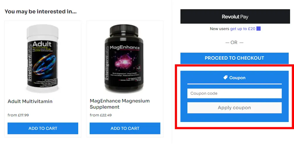 Screenshot showing where to apply a Intelligent Labs promo code during checkout on uk.intelligentlabs.org.