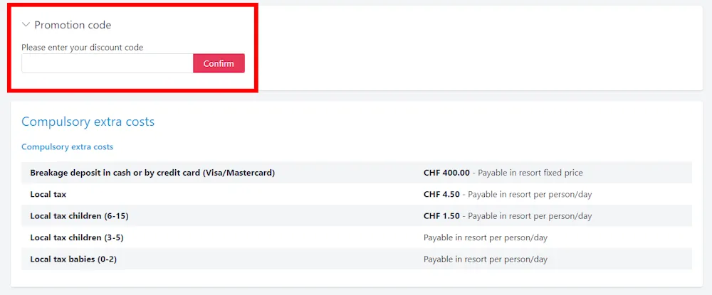 Screenshot showing where to apply a Interhome promo code during checkout on www.interhome.co.uk.