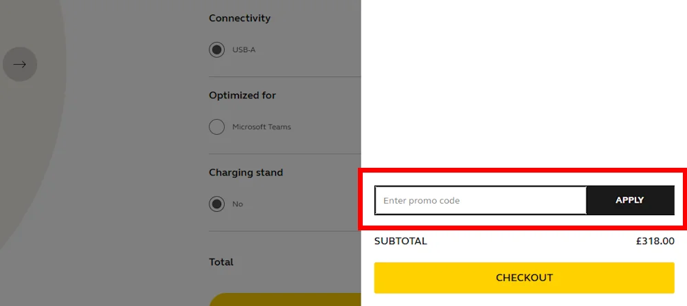 Screenshot showing where to apply a Jabra promo code during checkout on www.jabra.co.uk.