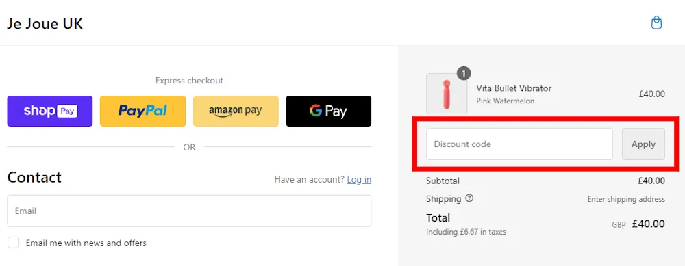 Screenshot showing where to apply a Je Joue promo code during checkout on www.jejoue.co.uk.