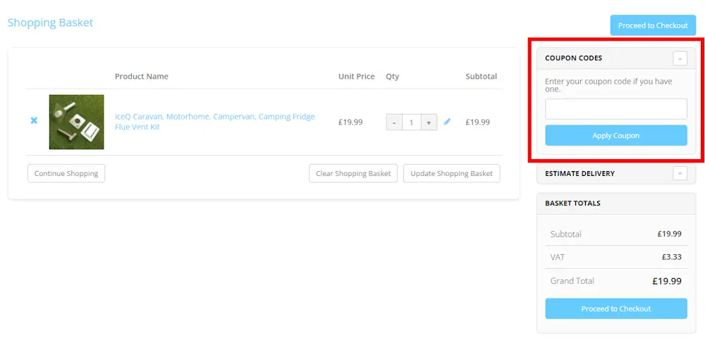 Screenshot how to enter a MiniFridge.co.uk voucher code on www.minifridge.co.uk