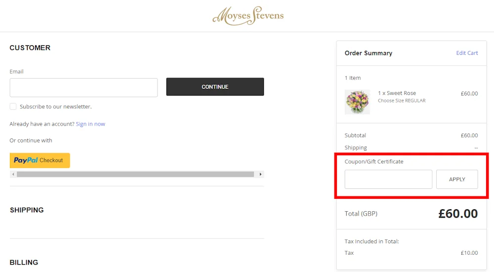 Screenshot showing where to apply a Moyses Stevens promo code during checkout on www.moysesflowers.co.uk.