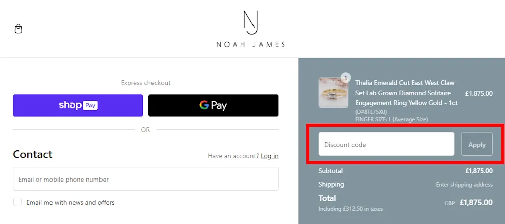 Instructions on how to enter a Noah James Jewellery discount code at checkout