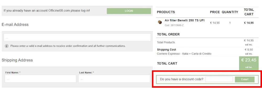 Instructions on how to enter a Officine08 discount code at checkout 