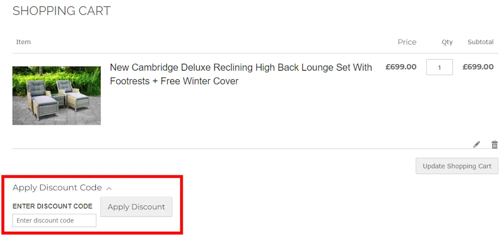 Screenshot showing where to apply a Rattan Furniture Fairy promo code during checkout on www.rattanfurniturefairy.co.uk.