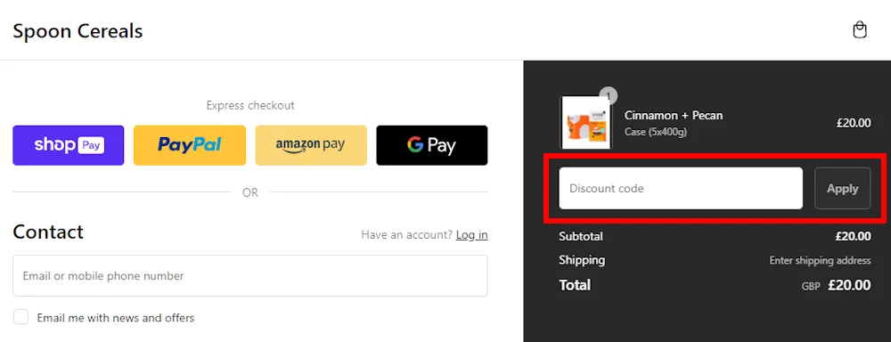 Screenshot showing where to apply a Spoon Cereals discount code during checkout on www.spooncereals.co.uk.