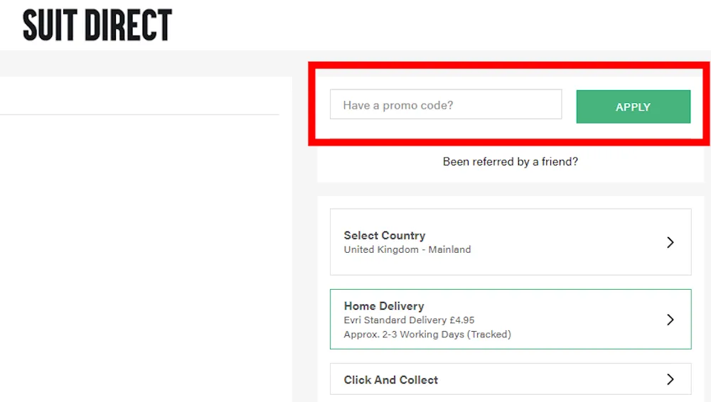 Image of how to enter a Suit Direct voucher code on www.suitdirect.co.uk