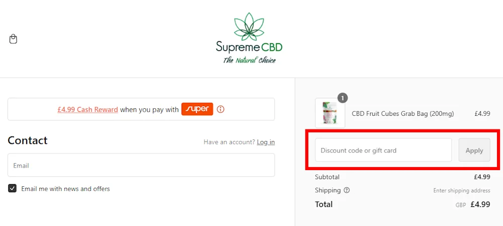 Image on how to enter a Supreme CBD voucher code on www.supremecbd.uk