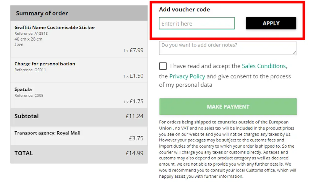 Image of how to enter a TenStickers voucher code on www.tenstickers.co.uk.