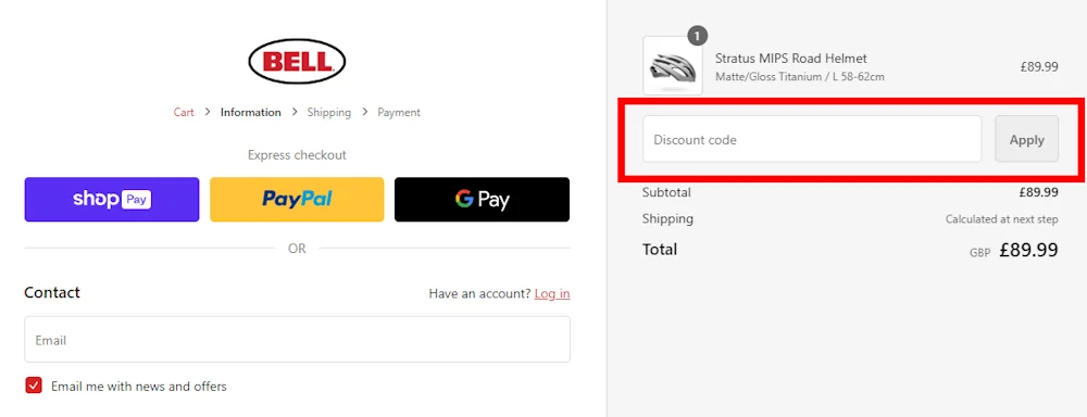 Screenshot showing where to apply a Bell Bike Helmets promo code during checkout on uk.bellhelmets.com.