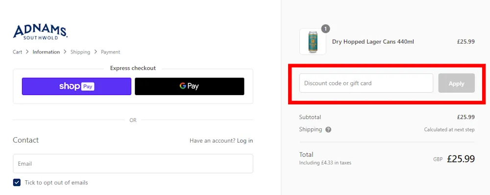 Image of where to enter a Adnams discount code on adnams.co.uk