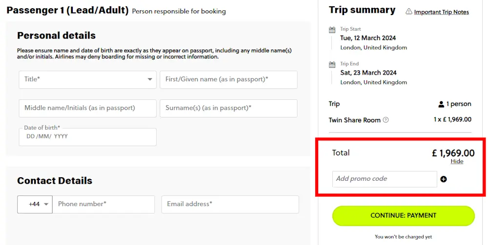 Instructions on how to enter a Contiki discount code at checkout 