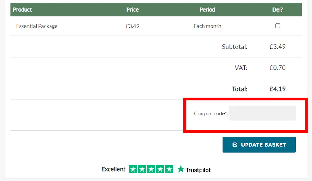 Instructions on how to enter a Eco Web Hosting voucher code at checkout on ecowebhosting.co.uk