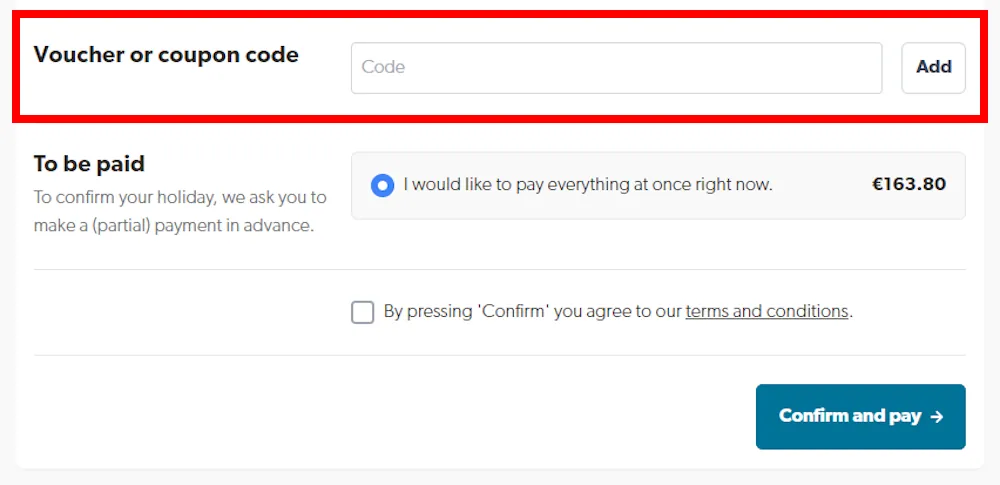 Screenshot showing where to apply a Holiday Suites promo code during checkout on www.holidaysuites.eu.