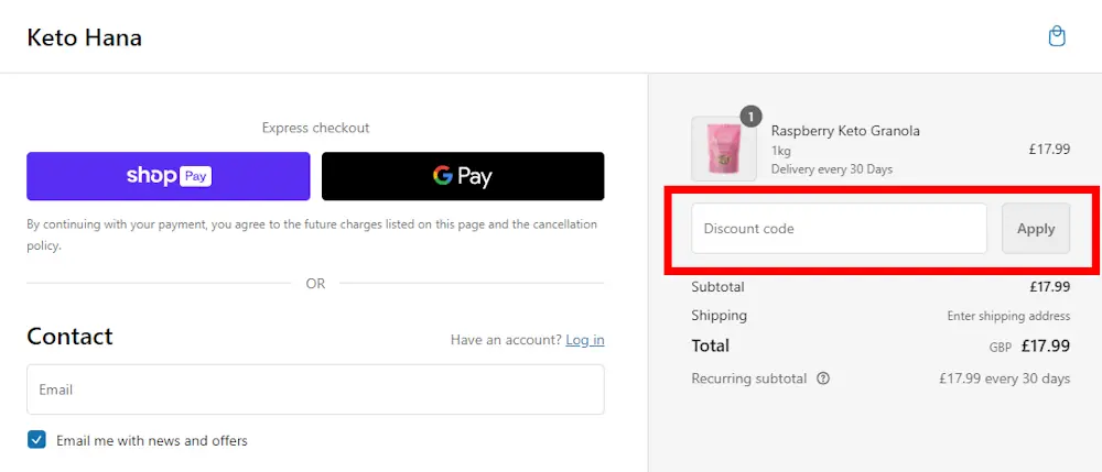 Screenshot showing where to apply a Keto Hana promo code during checkout on ketohana.co.uk.