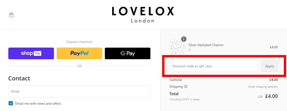 Instructions on how to enter our verified discount code for LOVELOX on loveloxlockets.com