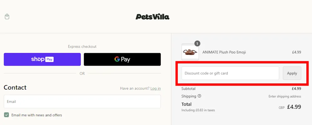Image of how to enter a Pets Villa voucher code on www.petsvilla.co.uk
