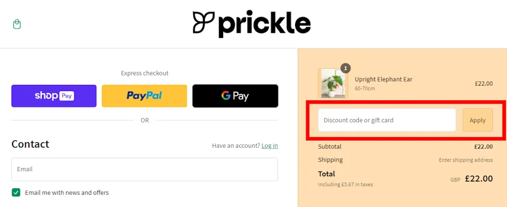 Screenshot showing where to apply a Prickle promo code during checkout on prickleplants.co.uk.