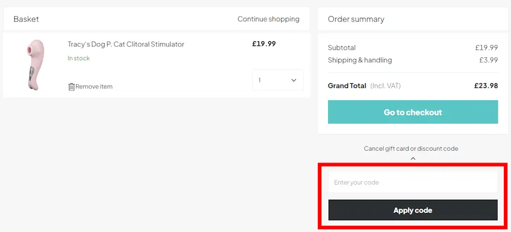 How to enter a Sinful discount code in the checkout area on sinful.co.uk