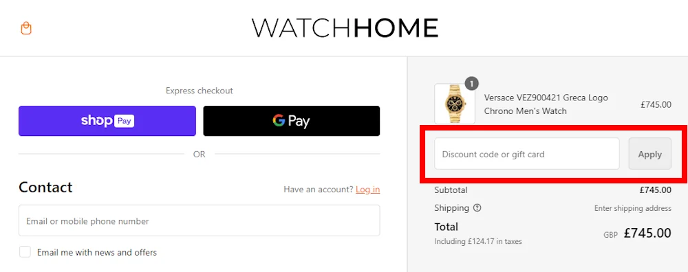 Screenshot showing where to apply a Watch Home promo code during checkout on watchhome.com