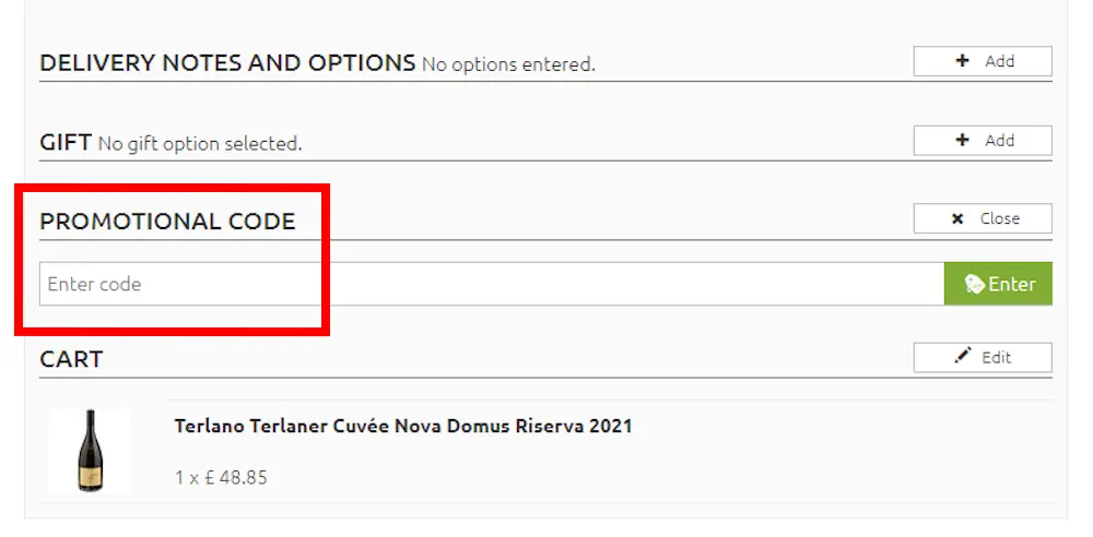 Screenshot showing where to apply a Xtrawine promo code during checkout on www.xtrawine.com.