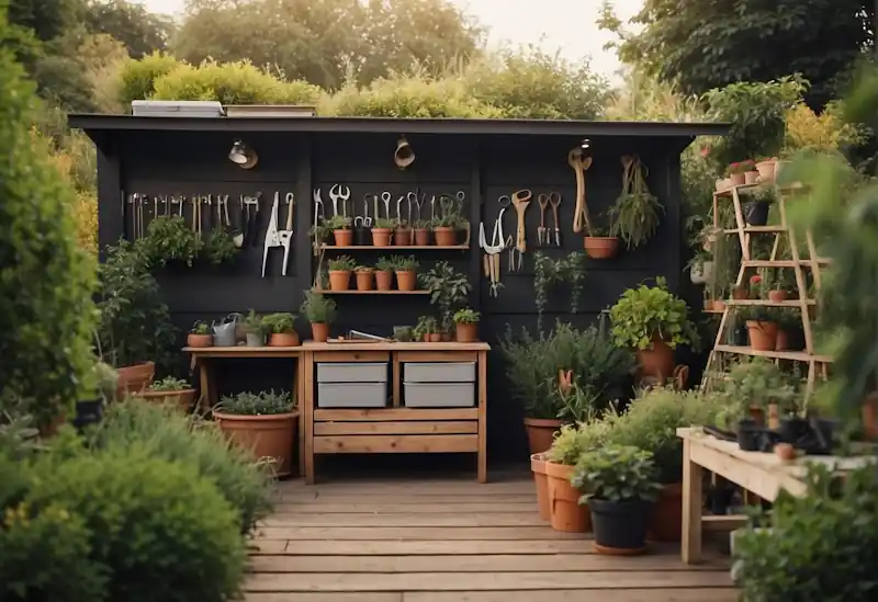 A garden shed with neatly organized tools hanging on hooks and shelves, surrounded by potted plants and a well-maintained garden bed