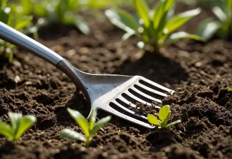 A garden fork digs into rich soil, while a trowel plants delicate seedlings. Pruners snip away dead branches, and a watering can nourishes the thriving garden