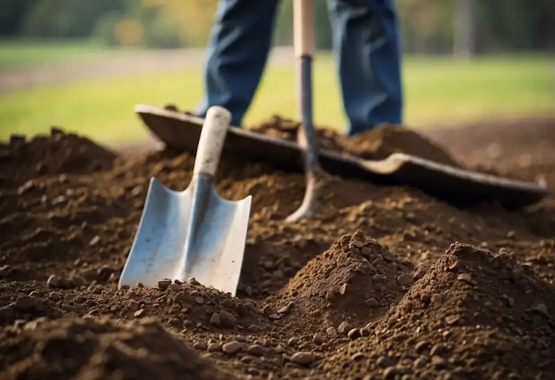 Shovel breaking ground, rake leveling soil, hoe digging rows, gloves and trowel nearby, wheelbarrow for transport