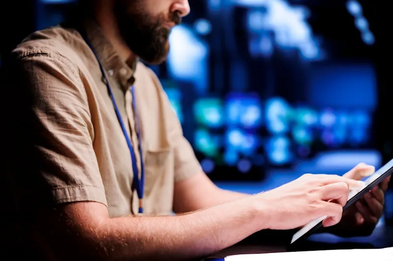 Technical engineer checking web hosting servers performance and security 