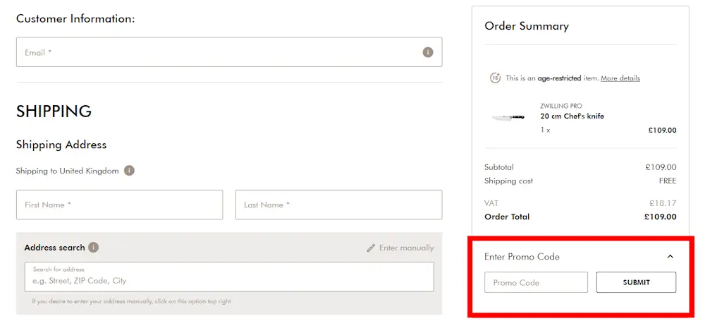 Checkout page on www.zwilling.com showing where to enter a Zwilling voucher code