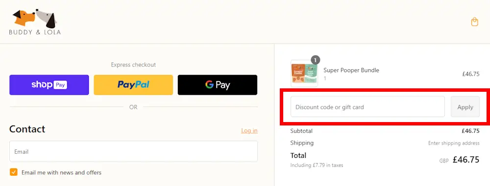 Instructions on how to use a Buddy & Lola voucher code at checkout