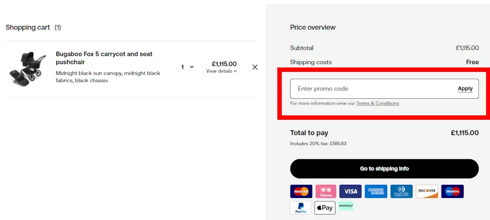 Screenshot of where to enter a Bugaboo voucher code on www.bugaboo.com