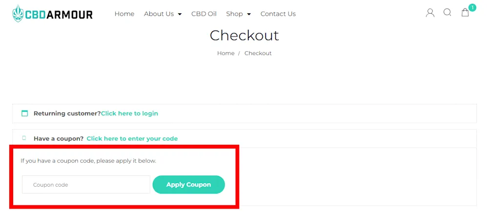 Screenshot showing where to apply a CBD Armour discount code during checkout on cbdarmour.co.uk