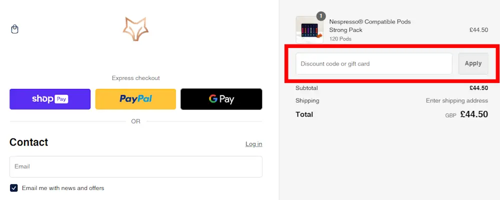 Screenshot showing where to apply a CafePod promo code during checkout on www.cafepod.com.