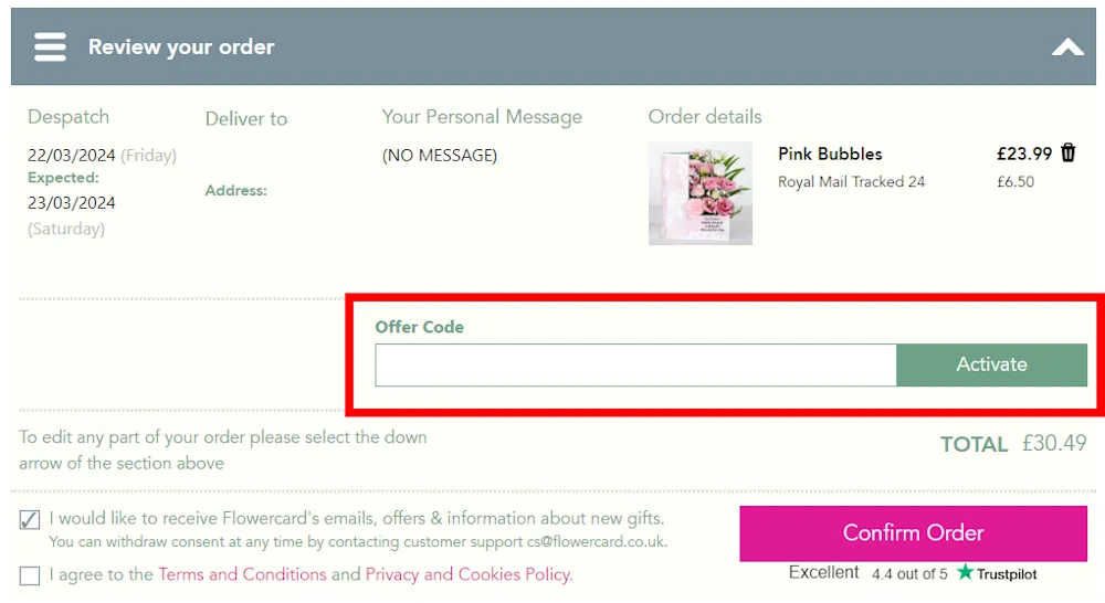 Screenshot showing where to apply a Flowercard promo code during checkout on www.flowercard.co.uk.