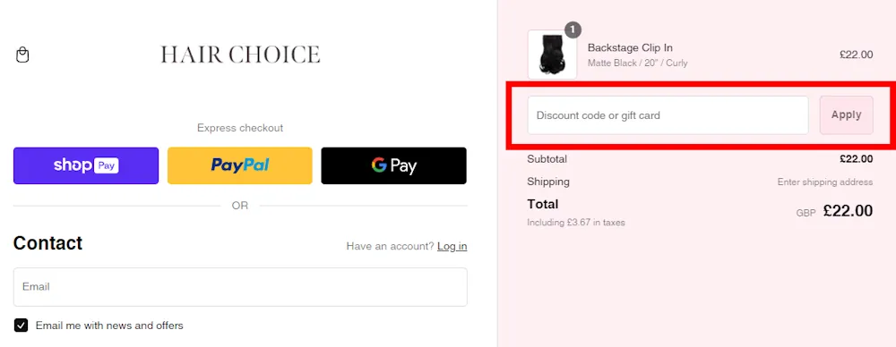 Screenshot showing where to apply a Hair Choice promo code during checkout on hairchoiceextensions.com.