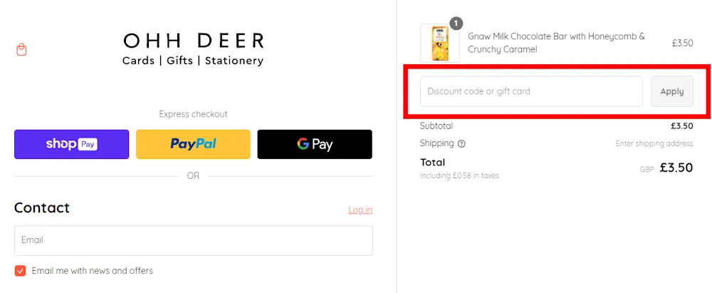 Instructions on how to enter a Ohh Deer discount code at checkout