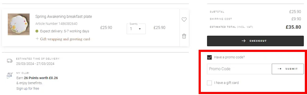 Instructions how to enter a verified discount code for Villeroy & Boch on villeroy-boch.co.uk