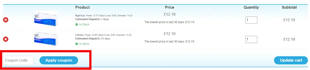 Instructions how to enter a discount code for We Love Lenses on uk.welovelenses.com