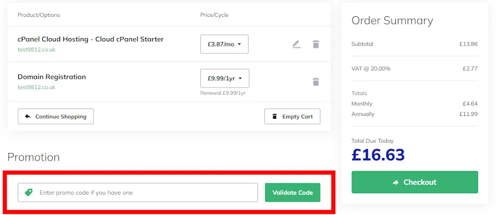Instructions how to enter a discount code for Webhosting UK on www.webhosting.uk.com
